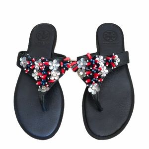 Leather Tory Burch Beaded Navy Blue Flower Sandals